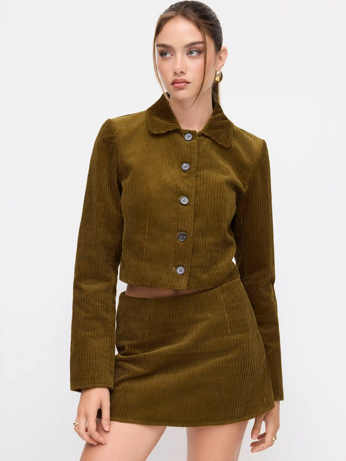 Corduroy Collar Button Roll-up Sleeve Jacket