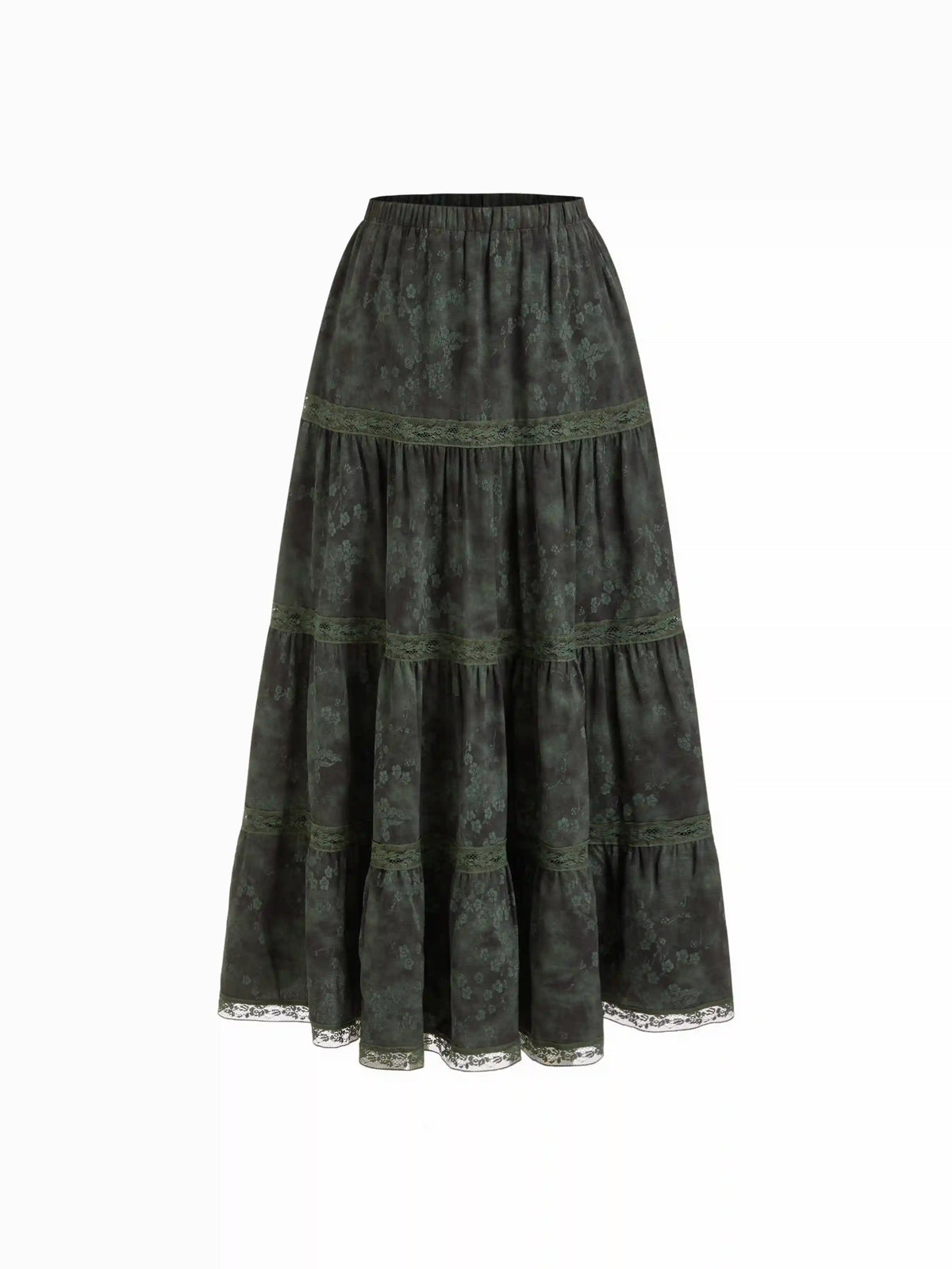 Mid Rise Elastic Waist Floral Lace Trim Tiered Maxi Skirt