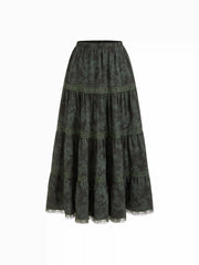 Mid Rise Elastic Waist Floral Lace Trim Tiered Maxi Skirt