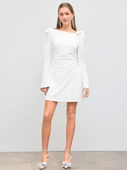 Boat Neckline Solid Ruched Bowknot Mini Dress