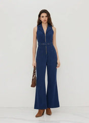 Corduroy Collar V-neck Zip Through Flared Jumpsuit With Belt