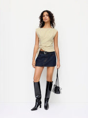 Checks Boat Neck Twist Knotted Blouse