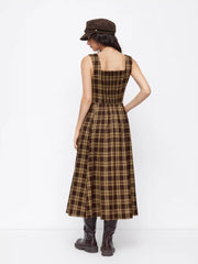 U-neckline Plaid Shirred Pocket Ruffle Midi Dress