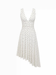 Cotton V-Neck Polka Dot Asymmetrical Hem Ruched Flared Midi Dress