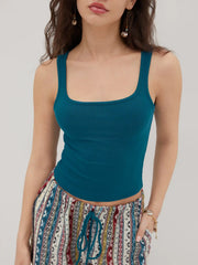Square Neck Solid Crop Tank Top With Mid Rise Aztec Knotted Pocket Shorts