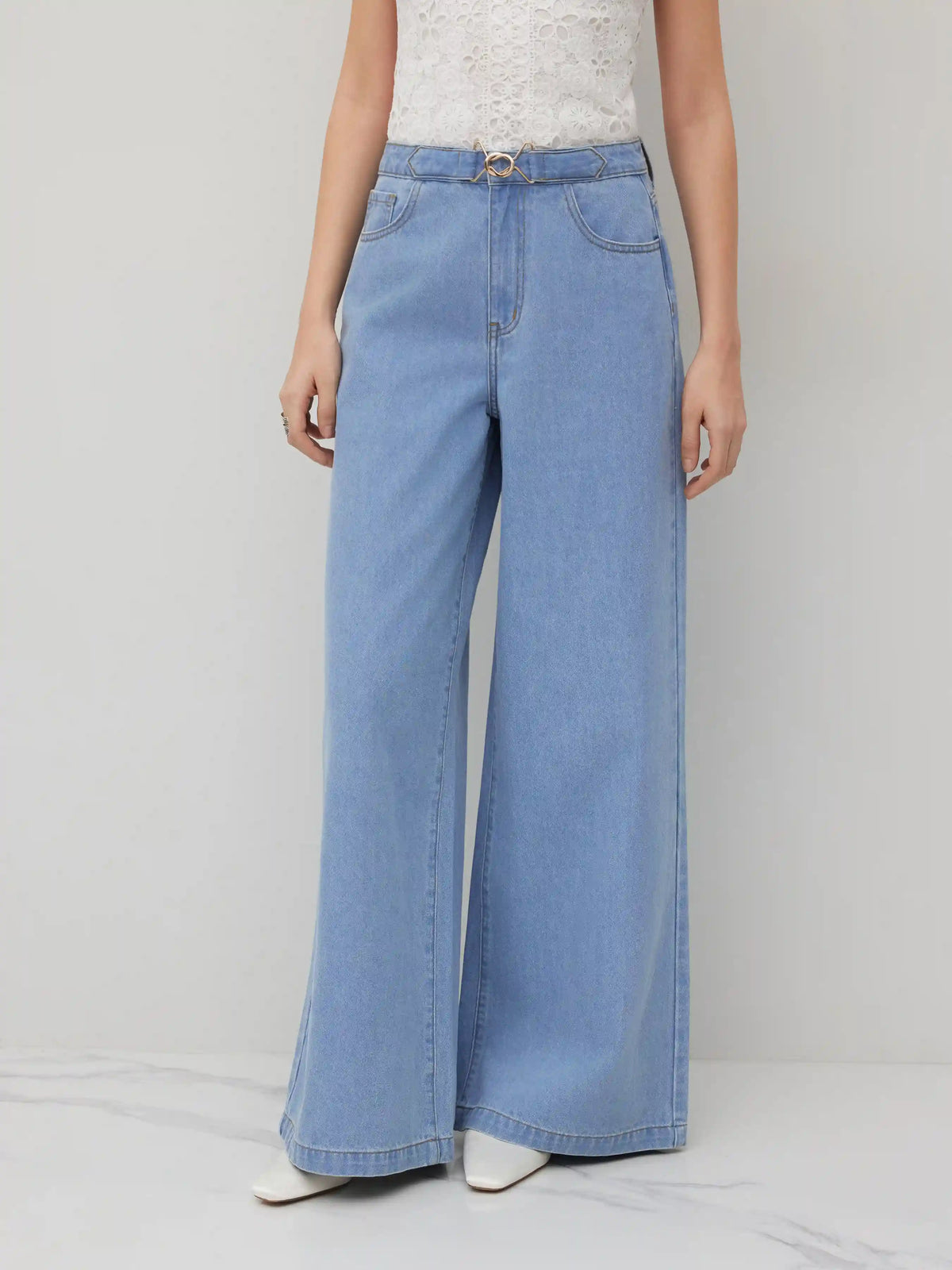 Cider Denim Mid Rise Buckle Straight Leg Jeans