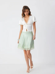 Satin Mid Rise Lace Panel A-line Midi Skirt