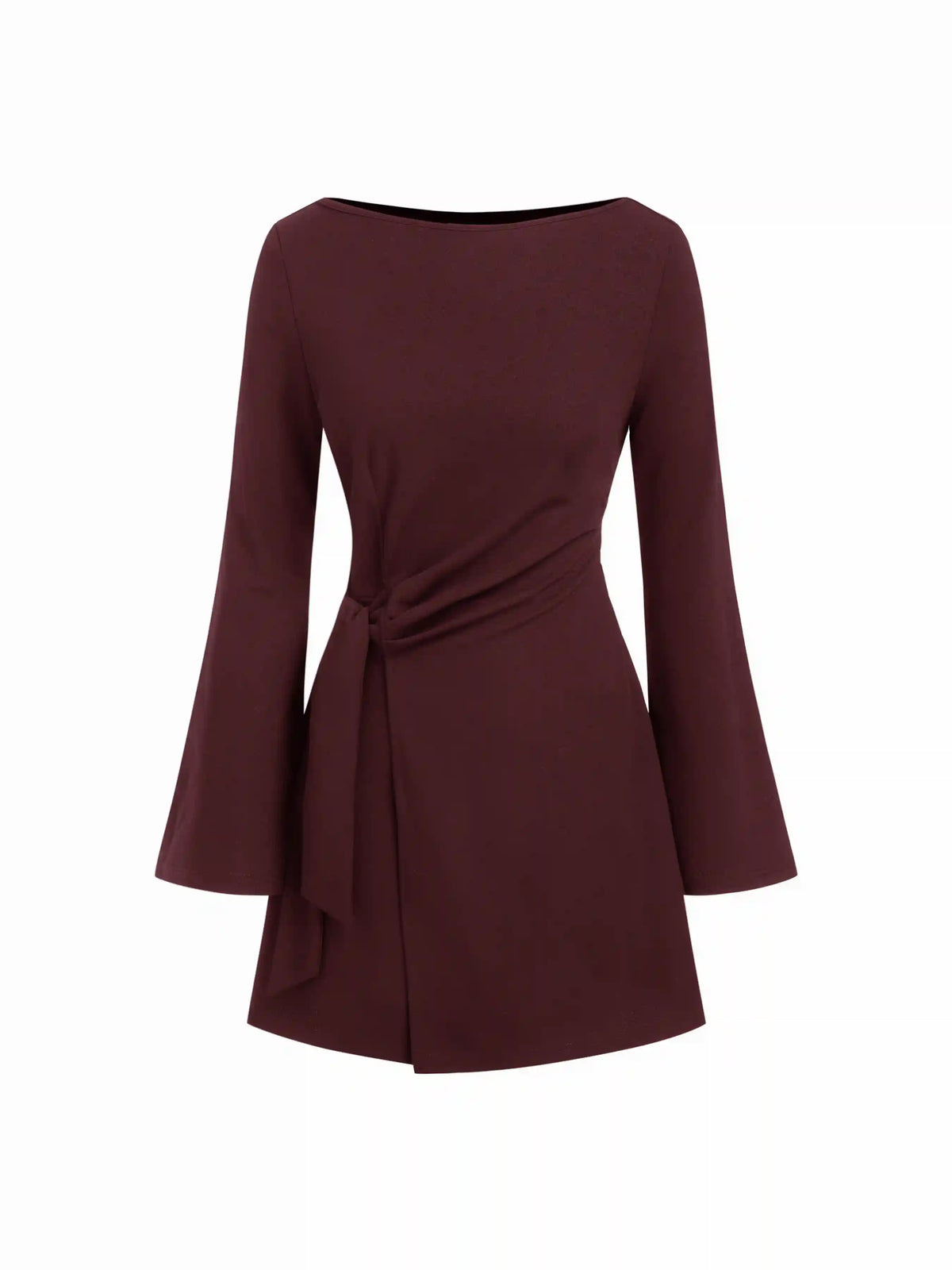 Boat Neck Bell Sleeve Tie Side Ruched Mini Dress
