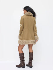 Velvet Collar Faux Fur Trim Graphic Coat