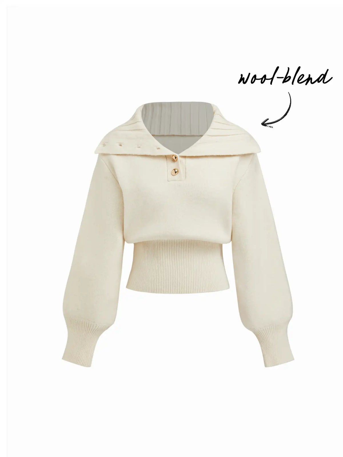 Knit Wool-blend Collar Long Sleeve Metal Button Cinched Waist Top