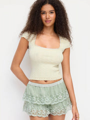 Cable Knit Square Neck Short Sleeve Lace Trim Top