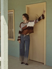 Wool-blend Knitted Boat Neckline Colorblock Long Sleeve Top