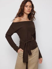 Asymmetrical Neck Belted Long Sleeve Top