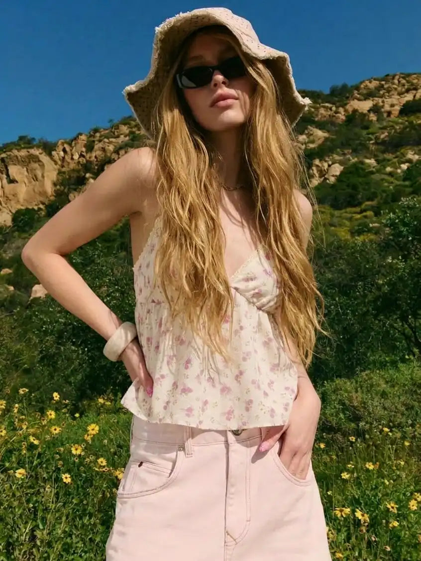 V-Neck Floral Lace Panel Cami Top