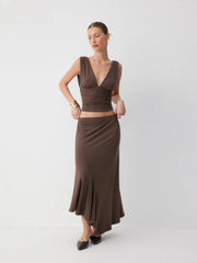 V-neck Ruched Backless Tank Top & Asymmetrical Hem Maxi Skirt Set