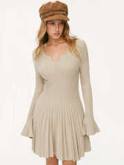 Ribbed Knit Round Neck Bell Sleeve Pleated Mini Dress