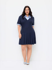 Cotton Collar Stripe Pleated Two Tone Mini Dress Curve & Plus