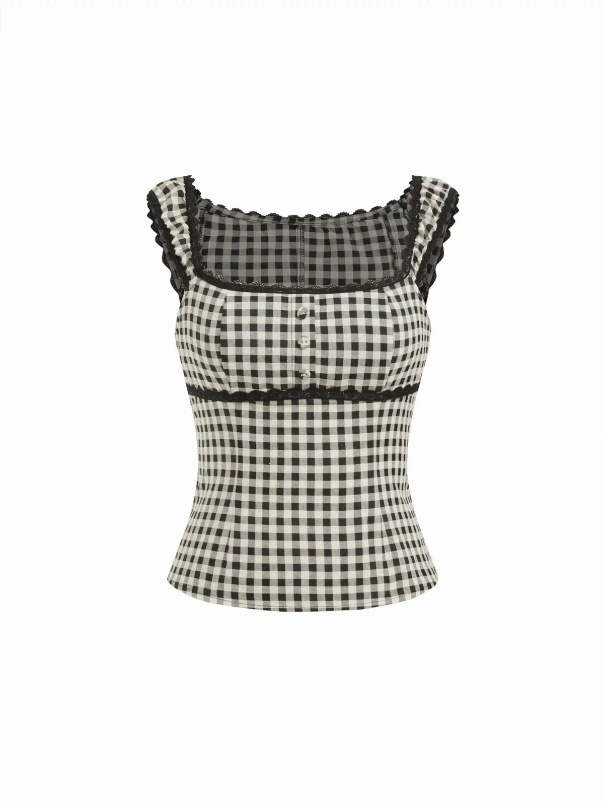 Gingham Square Neck Contrasting Lace Blouse