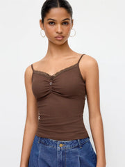 Cotton-blend V-neck Lace Panel Ruched Cami Top