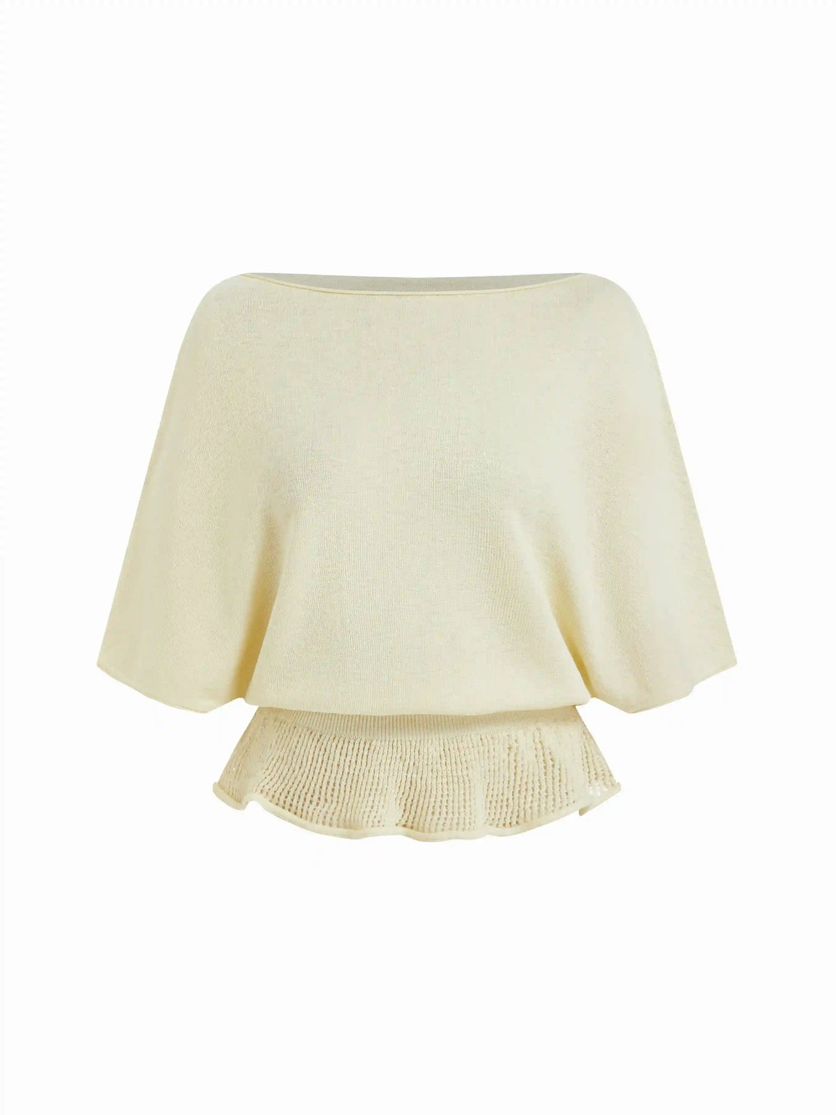 Knit Boat Neck Batwing Sleeve Ruffled Top