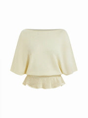 Knit Boat Neck Batwing Sleeve Ruffled Top