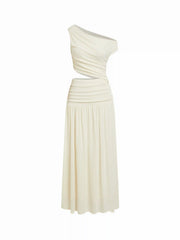 Asymmetrical Neck Ruched Waist Cutout High Stretch Bodycon Maxi Dress