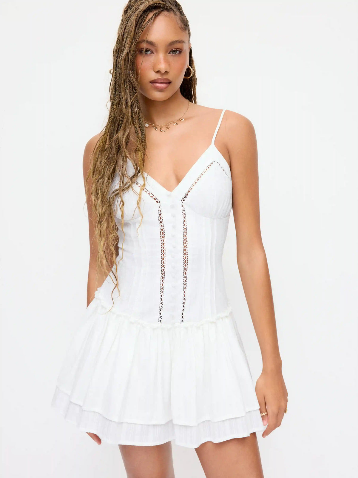 Cotton-blend V-neck Lace Panel Corset Ruffle Hem Flared Cami Mini Dress
