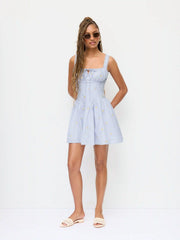 Cotton Striped Floral Square Neck Eyelet Ruched A-line Mini Dress