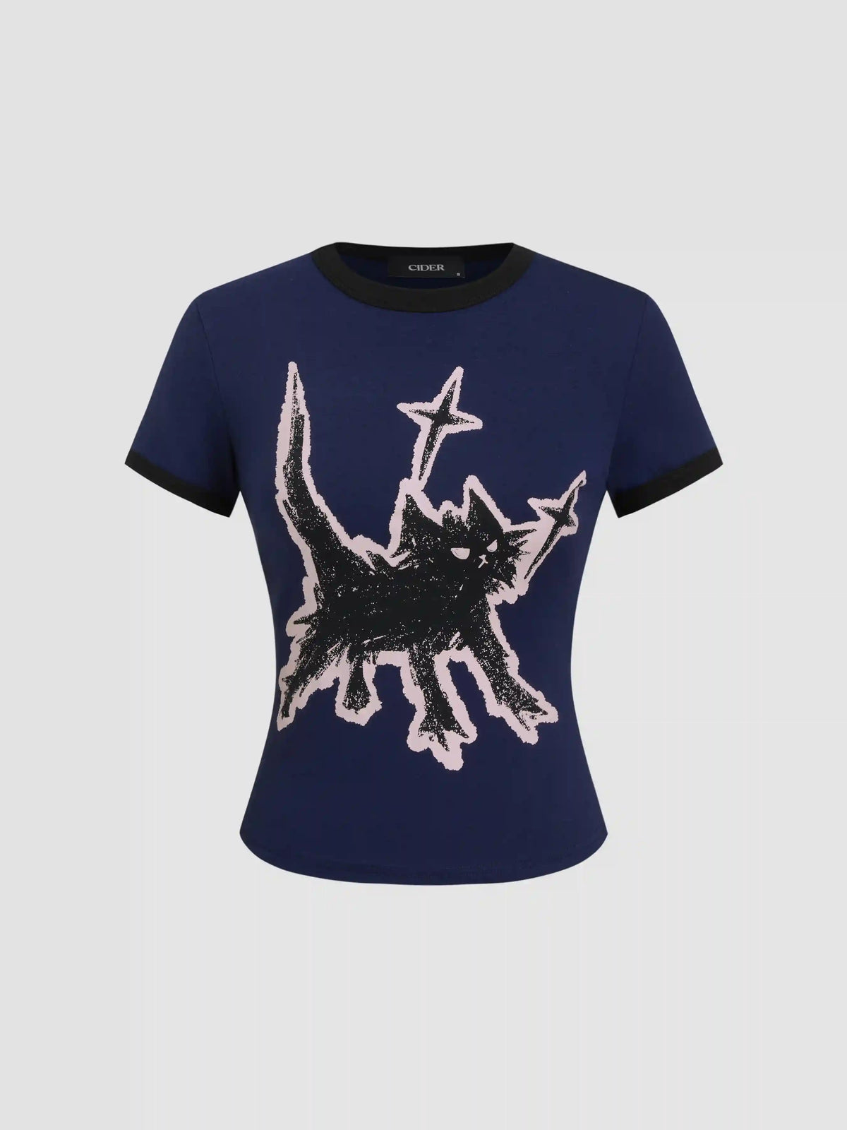 Cat Graphic Round Neckline Short Sleeve Tee