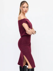 Knit Wool-blend Off-shoulder Split Midi Pencil Dress