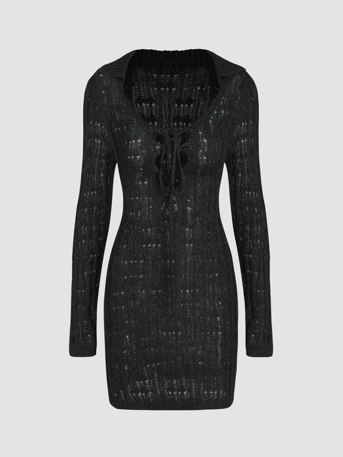 Knit Solid Collar Knotted Hollow Out Mini Dress