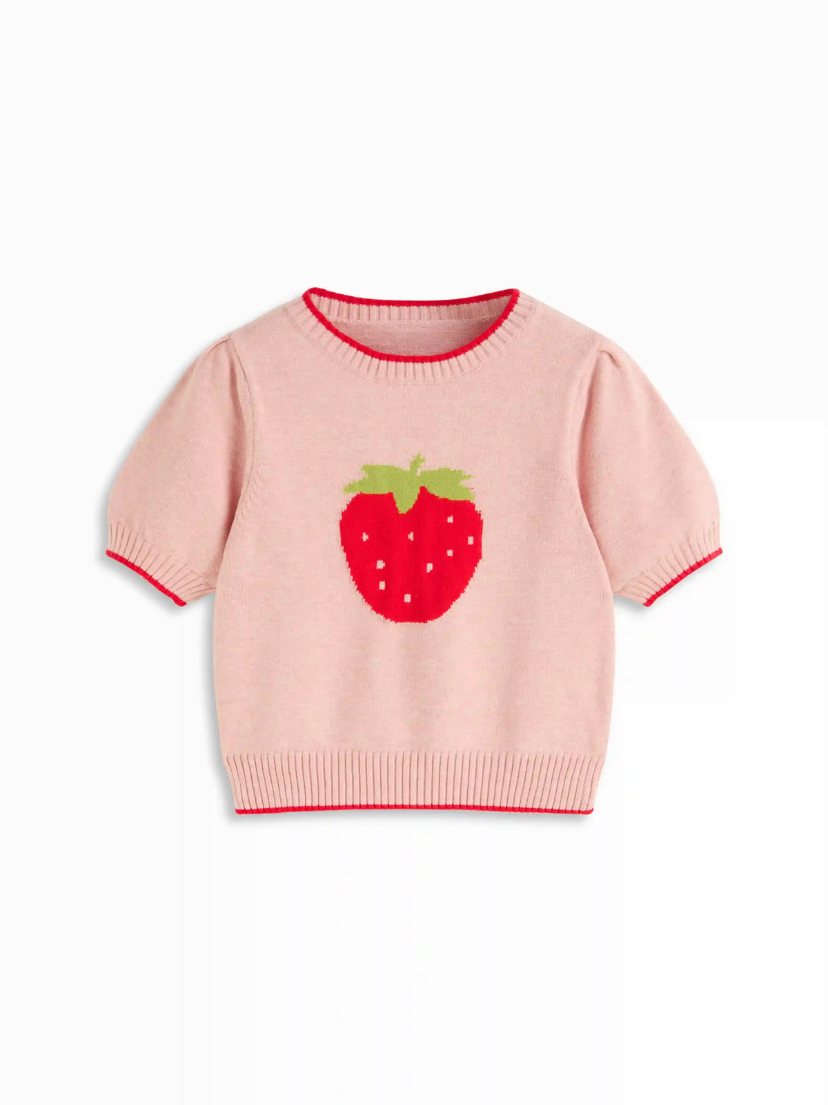 Knit Strawberry Graphic Contrasting Binding Top