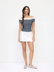 Cotton-blend Striped Asymmetrical Neck Short Sleeve Tee