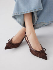 POINTED TOE BOWKNOT DECOR SLINGBACK HEELS