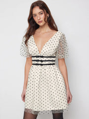 Mesh V-neck Puff Sleeve Polka Dot A-line Mini Dress
