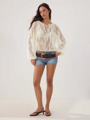 Lace Floral V-neck Ruffled Lantern Sleeve See-Through Blouse