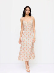 Satin V-Neck Floral Lace Knotted Cami Maxi Dress