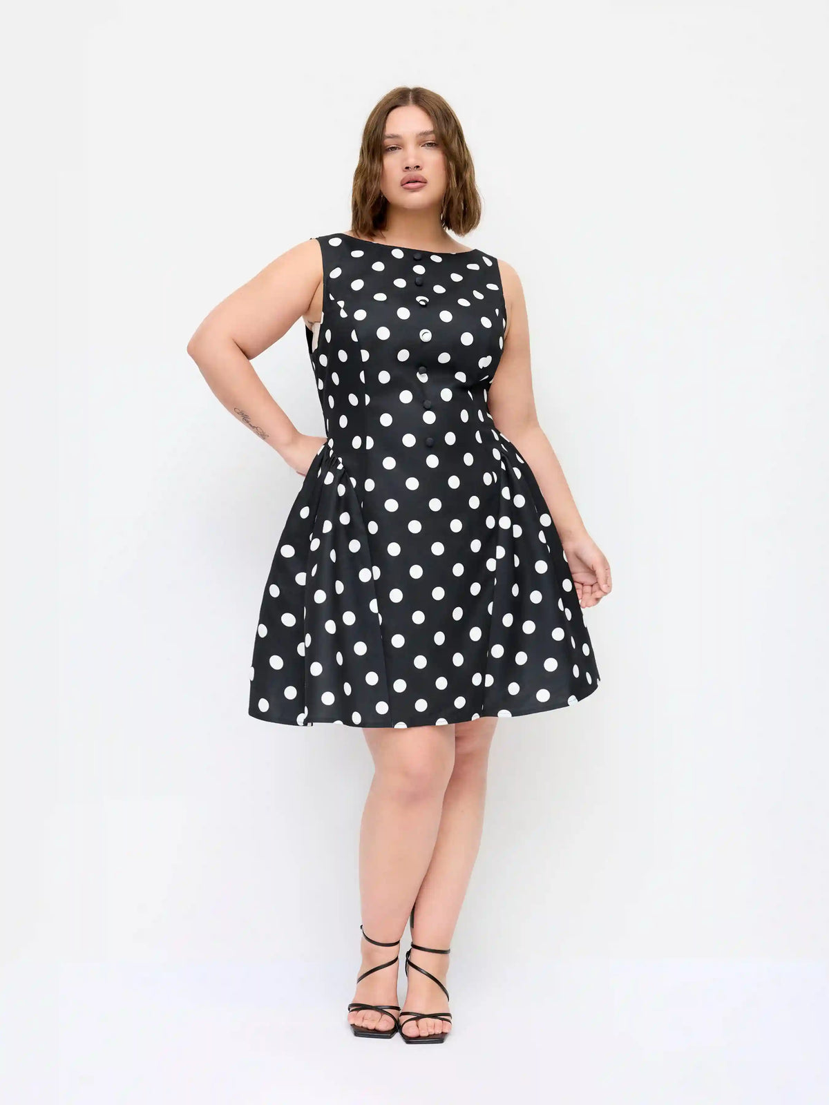 Boat Neck Knotted Polka Dot Backless Mini Dress Curve & Plus