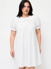 Cotton-blend Peter Pan Collar Puff Sleeve Lace Trim Mini Dress Curve & Plus