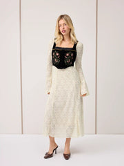Velvet Square Neck Floral Embroidery Lettuce Trim Jacket Vest