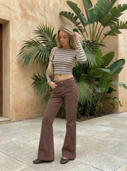 Stretch Washed Denim Low Rise Drawstring Flared Trousers Jeans