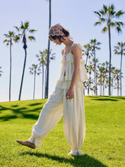 Textured Mid Rise Lace Panel Ruffle Drawstring Bloomer Trousers