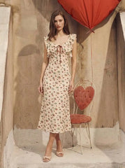 Satin Scoop Neckline Strawberry Bowknot Ruffle Hem Maxi Dress