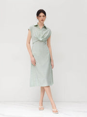 Cotton-blend Collar Striped Split Midi Shirt Dress