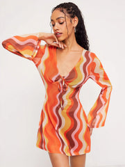 Mesh V-neck Abstract Wave Knotted Mini Dress