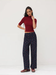 Cotton-blend High Rise Heart Graphic Button Straight Leg Trousers