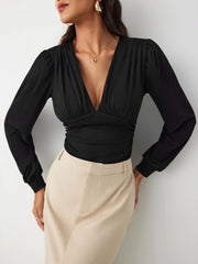 Jersey V-neck Solid Ruched Bodysuit