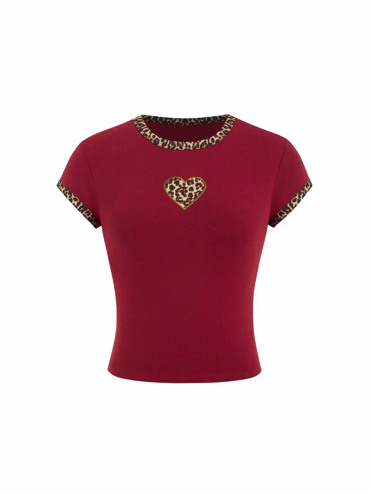 Cotton-blend Leopard Heart Applique Short Sleeve Tee