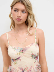 Mesh Square Neck Floral Lettuce Trim Ruffle Maxi Dress