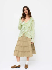 Chiffon V-neck Geometric Lettuce Trim Ruffle Bell Sleeve Blouse